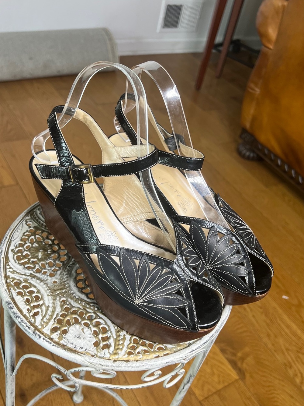 Nanette Lepore Black Leather Floral Cutout Wedge Sandals